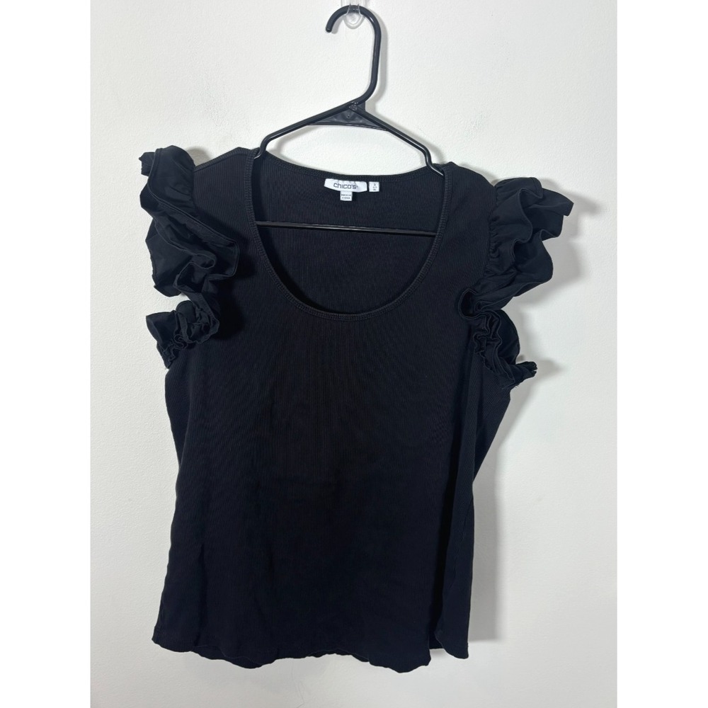 Chico's Women's Size 3 (XL) Blouse Black Short Ruffle Sleeve Shirt